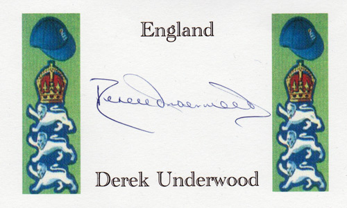 Kent CCC & England left-arm spinner DEREK UNDERWOOD signed England card.