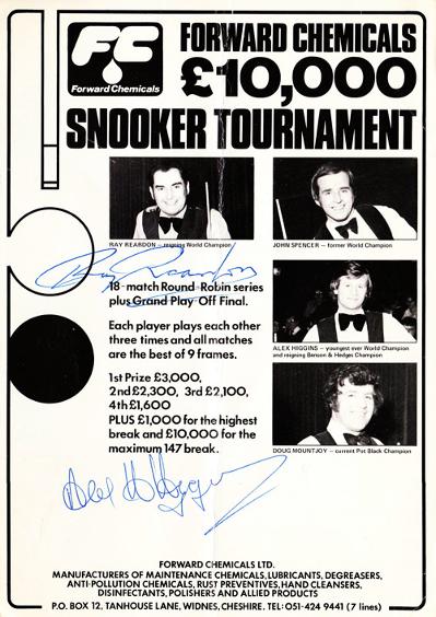 Snooker exhibition programme bill signed by world champions ALEX HIGGINS & RAY REARDON.