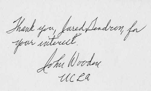 JOHN WOODEN (legendary UCLA basketball coach) signed card.