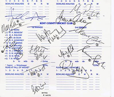 Cricket scorecard signed by the 1995 Kent CCC squad