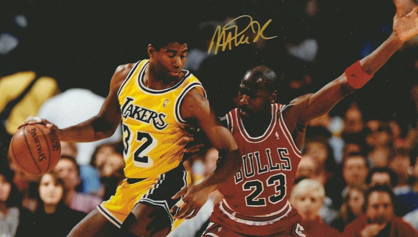 Earvin 'MAGIC' Johnson signed photo with Michael Jordan