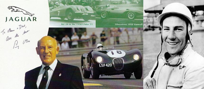 SIR STIRLING MOSS signed Jaguar Le Mans promo card + signed B&W photo from the 1950s.