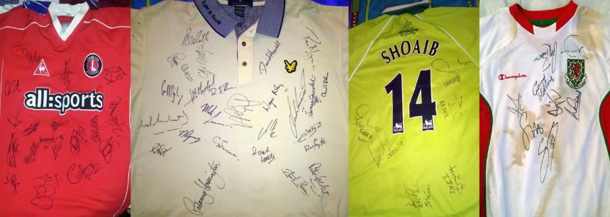 Signed sports shirts: Charlton Athletic, Golf, Pakistan cricket, Wales national football.