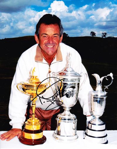 TONY JACKLIN signed photo with Ryder Cup, British Open Claret Jug and US Open trophies.