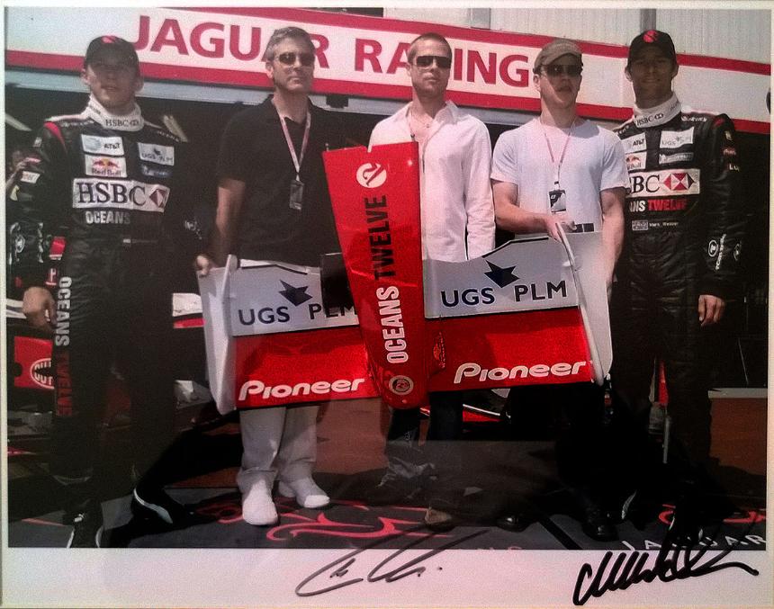 Mark Webber & Christian Klien (jaguar F1 team) pose with Ocean's 12 actors George Clooney, Brad Pitt, Matt Damon at Monaco GP.