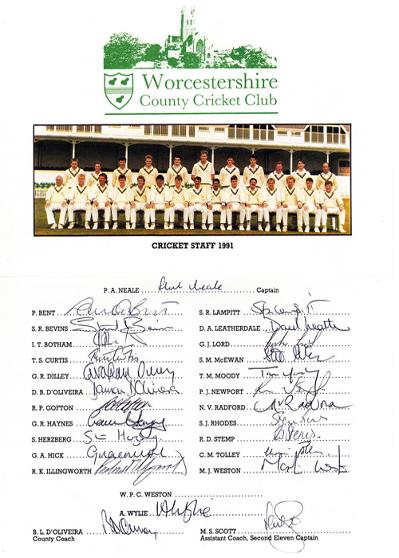 1991 Worcester CCC signed team sheet