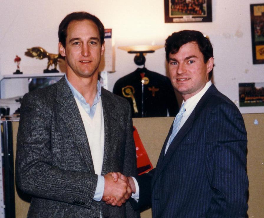 Colin Jarman and Steve Grogan (Patriots) in Budweiser League officee